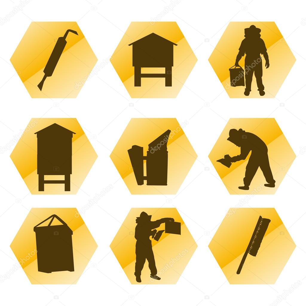 Beekeeping vector background tool set and beekeepers icons illus