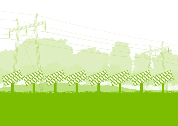 Zonnepaneel en hoogspanning torens vector achtergrond ecologie gr — Stockvector