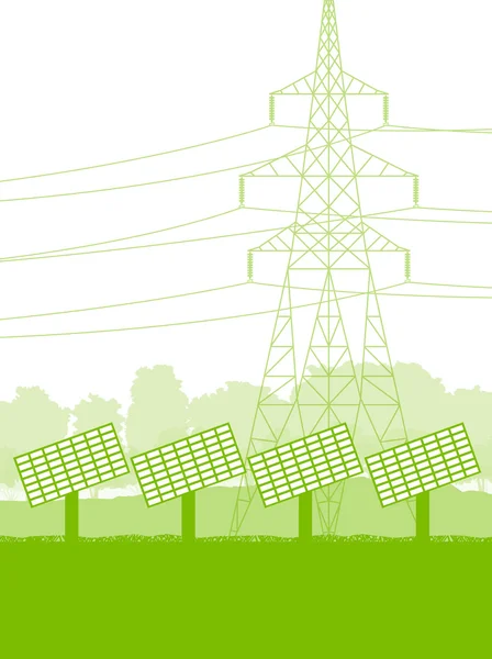 Zonnepaneel en hoogspanning torens vector achtergrond ecologie gr — Stockvector