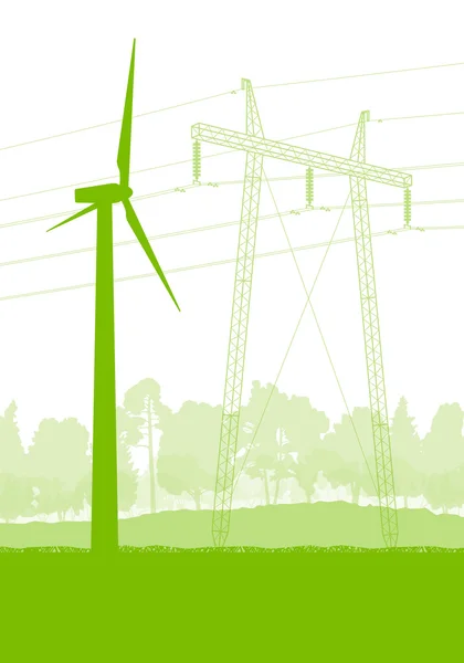 Wind generator and high voltage towers vector background ecology — Stok Vektör