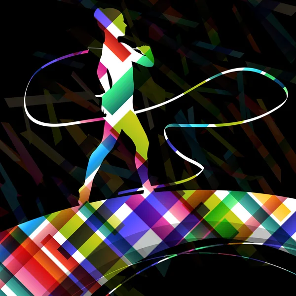 Dancing carnival woman with ribbon silhouette in abstract circus — Stock Vector