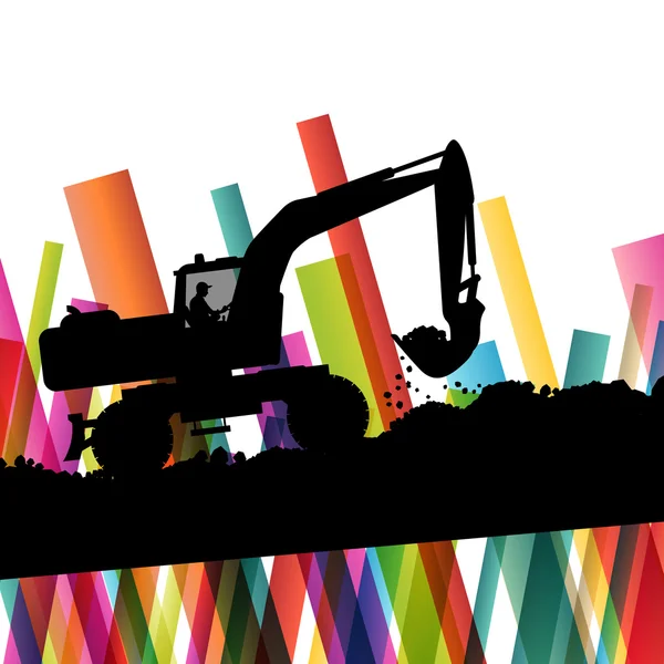Excavadora bulldozer tierra industrial excavación maquinaria silueta — Vector de stock