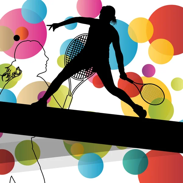 Tenis jugador mujeres siluetas de niña en el deporte abstracto color bac — Archivo Imágenes Vectoriales