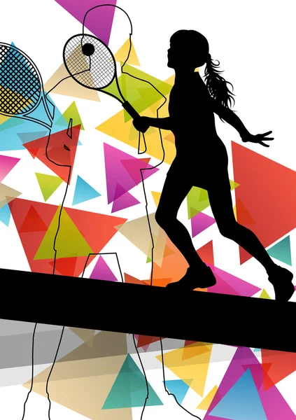 Tenis jugador mujeres siluetas de niña en el deporte abstracto color bac — Archivo Imágenes Vectoriales