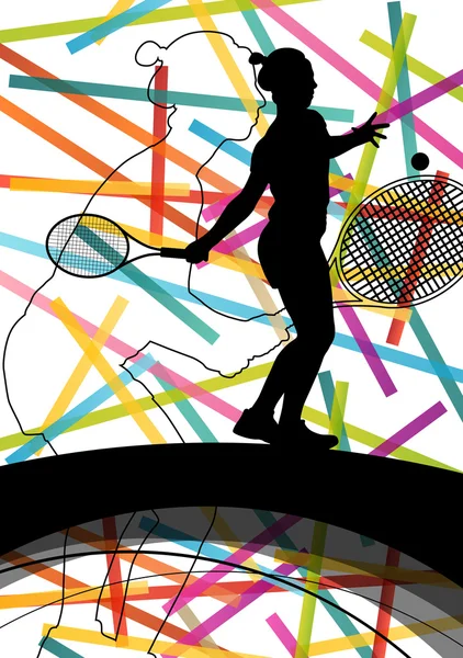 Tennis player women girl silhouettes in abstract sport color bac — Stock Vector