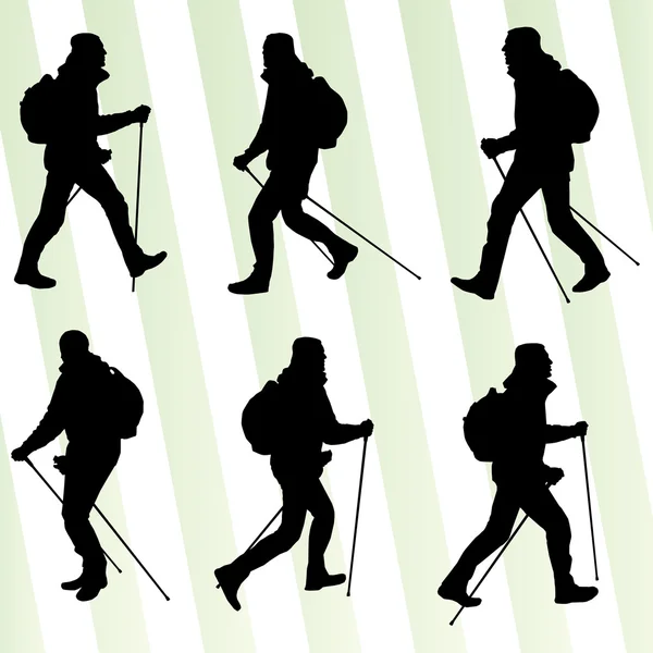 Muž turistika dobrodružství pro nordic walking s Poláky vektor illustrati — Stockový vektor