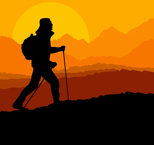 Man hiking in mountains adventure nordic walking with poles in n — Stock Vector