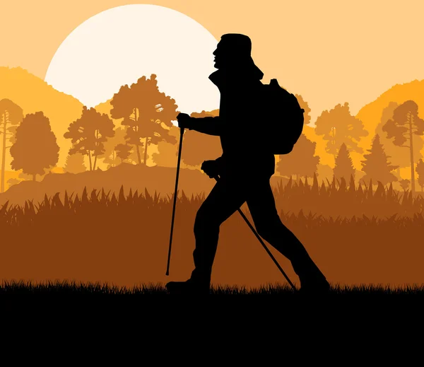 Man hiking in mountains adventure nordic walking with poles in n — Stock Vector