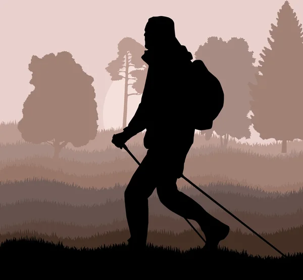 Homem caminhadas em montanhas aventura caminhada nórdica com pólos em n — Vetor de Stock
