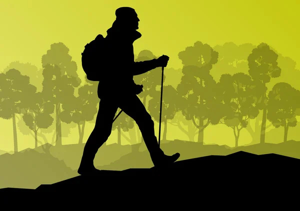Homme randonnée en montagne aventure nordique marche avec poteaux en n — Image vectorielle