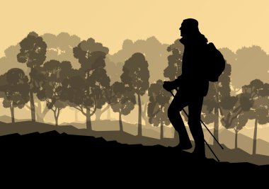 Nordic Polonyalılar vektör arka plan orman mou ile yürüyen adam uzun yürüyüşe çıkan kimse