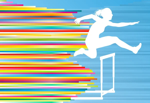 Atleta femenina saltando sobre obstáculos, superando obstáculos vector — Vector de stock