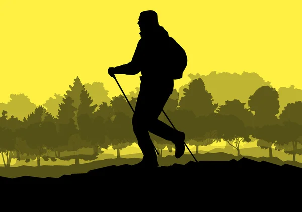 Uomo escursionista Nordic walking con pali vettore sfondo foresta mou — Vettoriale Stock