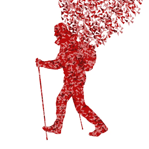 Homem caminhadas aventura caminhada nórdica com pólos vetor vermelho illust —  Vetores de Stock