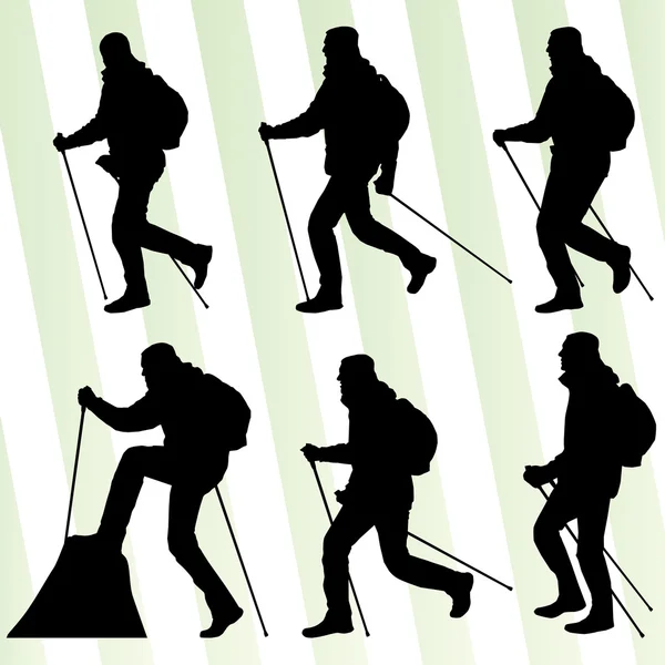 Чоловік пішохідна пригода скандинавська ходьба з полюсами Векторні ілюстрації — стоковий вектор