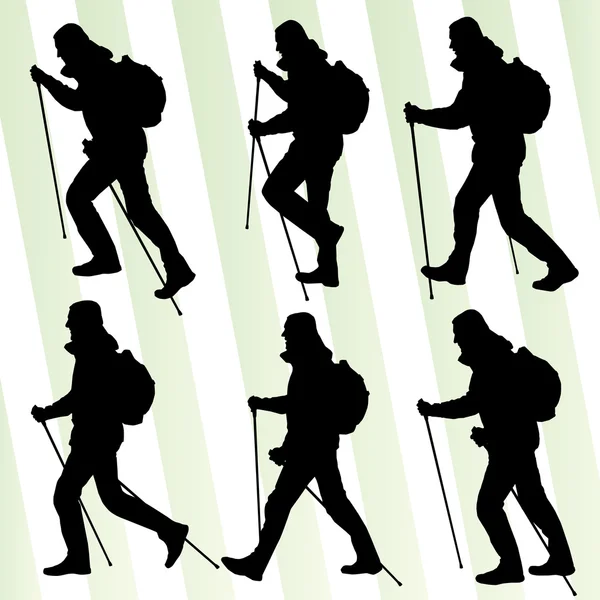 Man hiking adventure nordic walking with poles vector illustrati — Stock Vector