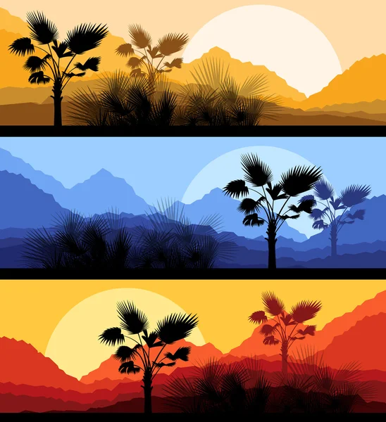 Palm bladeren natuur landschap romantische zonsondergang achtergrond — Stockvector