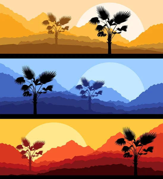 Natura Krajobraz romantyczny zachód słońca tle liści palmowych — Wektor stockowy