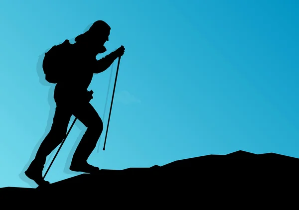 Человек походы в горы приключения нордической ходьбе с шестом в н — стоковый вектор