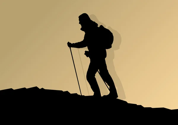 Homme randonnée en montagne aventure nordique marche avec poteaux en n — Image vectorielle