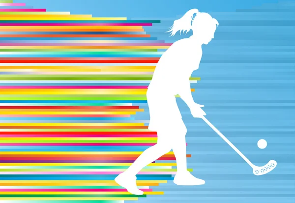 Joueuse de balle au sol femme silhouette hockey avec bâton et balle malade — Image vectorielle