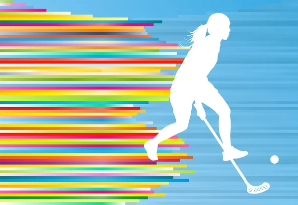 Joueuse de balle au sol femme silhouette hockey avec bâton et balle malade — Image vectorielle