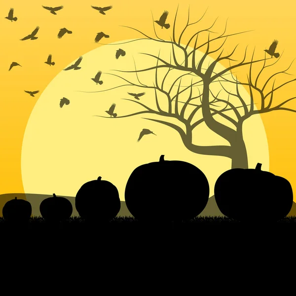 Halloween background vector concept with tree, raven and pumpkin — Stock Vector