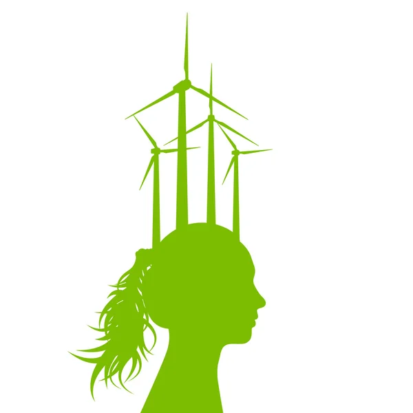 Femme tête avec générateur éolien énergie verte, concept écologie bac — Image vectorielle