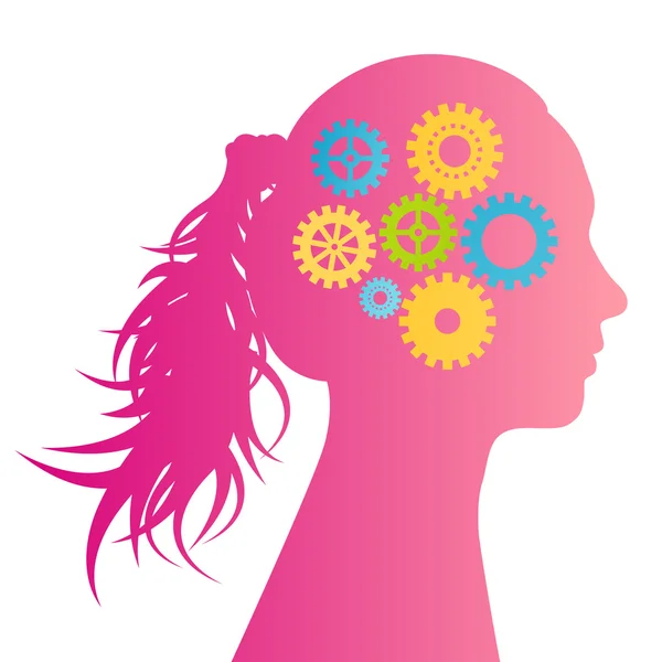 Woman head silhouette and gears vector background idea concept — Stock Vector