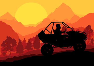 Tüm arazi araç dört motosiklet binici vahşi doğa backgrou