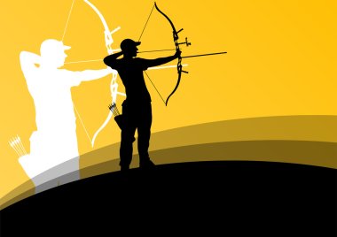 Active young archery sport man and woman silhouettes in abstract clipart