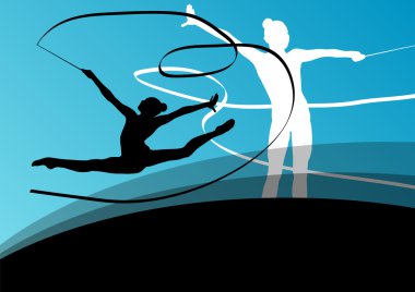 Aktif genç kız jimnastikçiler siluetleri ribb uçan akrobasi