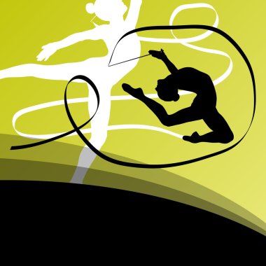 Active young girl gymnasts silhouettes in acrobatics flying ribb clipart