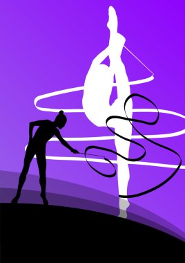 Active young girl gymnasts silhouettes in acrobatics flying ribb clipart