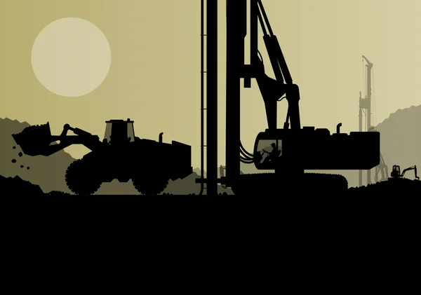 Taladradoras hidráulicas de pilotes, tractores y trabajadores excavando una — Vector de stock