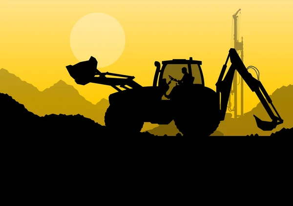 Hydraulické hromadu vrtací stroje, traktory a pracovníky, kopání — Stockový vektor
