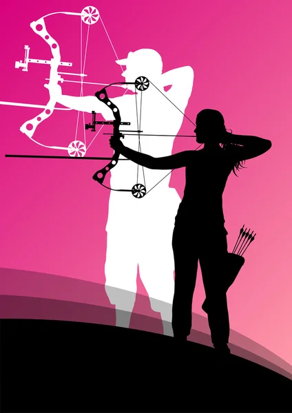 Activo joven tiro con arco deporte hombre y mujer siluetas en abstracto — Vector de stock