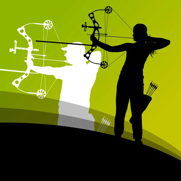 Active jeune tir à l'arc sport homme et femme silhouettes abstraites — Image vectorielle