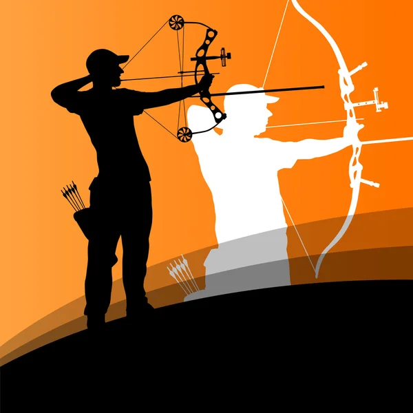 Active young archery sport man and woman silhouettes in abstract — Stock Vector