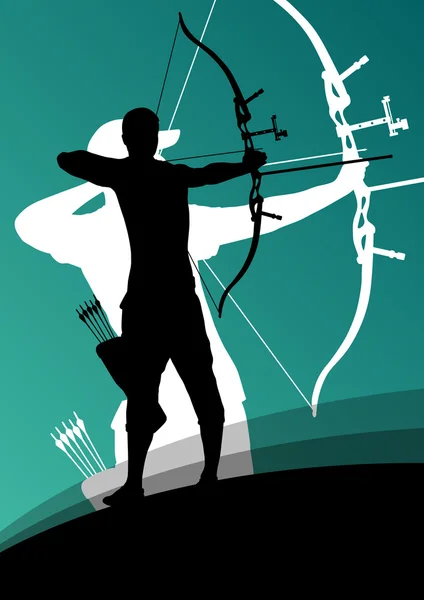 Active young archery sport man and woman silhouettes in abstract — Stock Vector