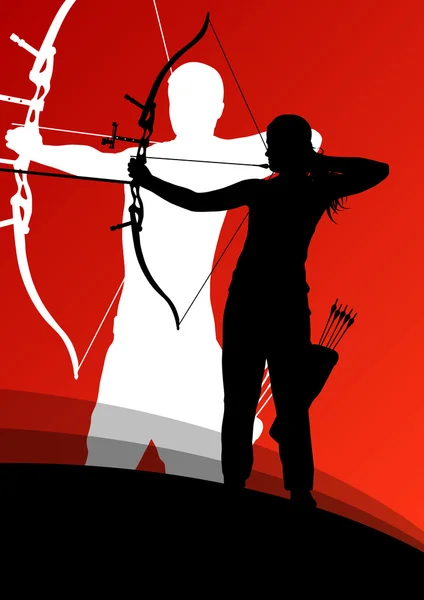 Активний молодий стрільба з лука спортивний чоловік і жінка силуети в абстракції — стоковий вектор