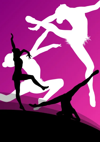 Active young girl gymnasts silhouettes in acrobatics abstract ba — Stock Vector