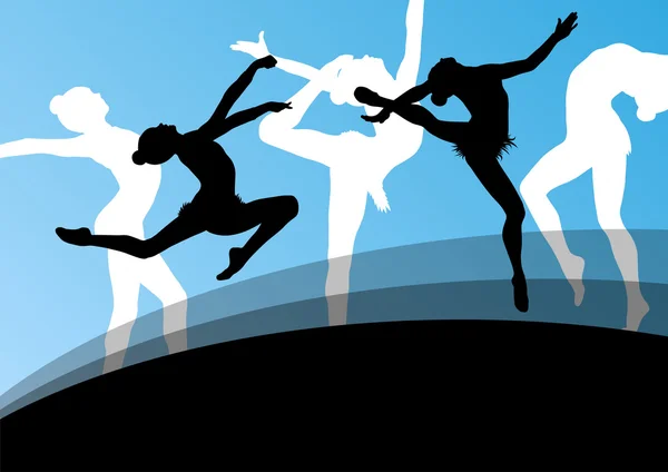 Actieve jong meisje gymnasten silhouetten in acrobatiek abstracte ba — Stockvector