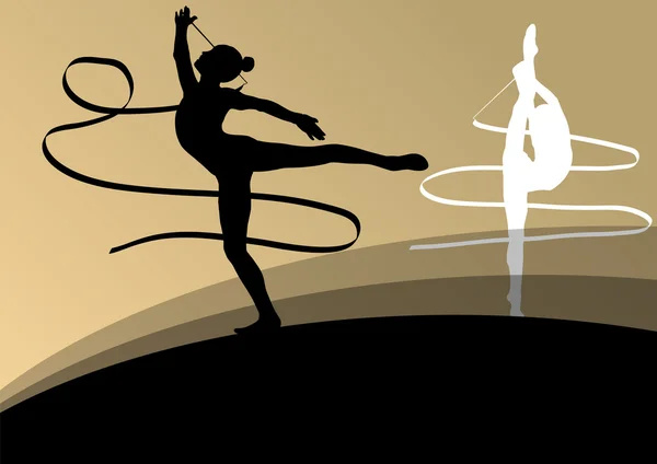 Aktivní mladá dívka siluety gymnastky v akrobacii flying ribb — Stockový vektor