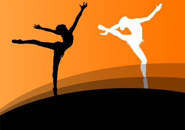 Actieve jong meisje gymnasten silhouetten in acrobatiek abstracte ba — Stockvector