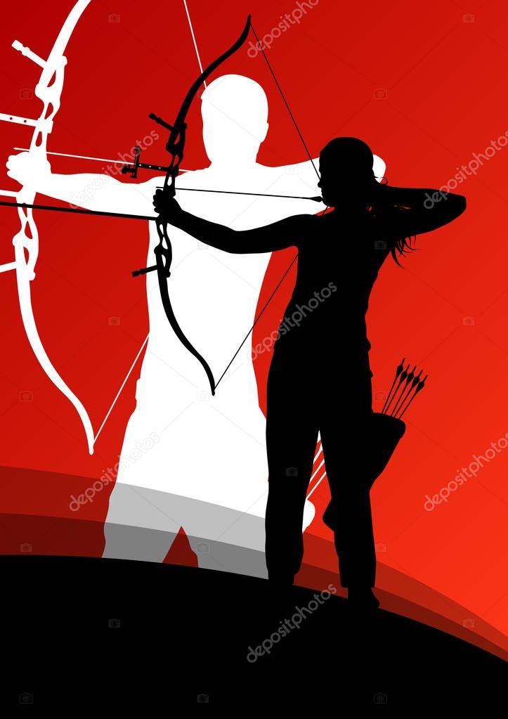 Active young archery sport man and woman silhouettes in abstract