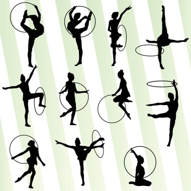 Active young girl gymnasts silhouettes in acrobatics spinning ri clipart