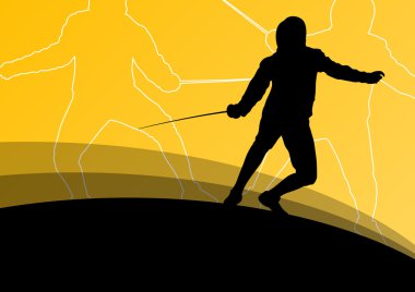 Kılıç savaşçıları aktif genç erkek ve kadınların spor silhouet eskrim