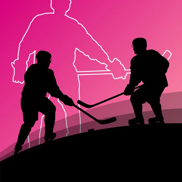 Actieve jonge mannen hockeyspelers sport silhouetten in winter ijs — Stockvector