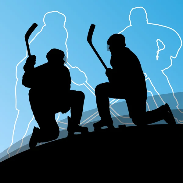 Active young men hockey players sport silhouettes in winter ice — Stock Vector